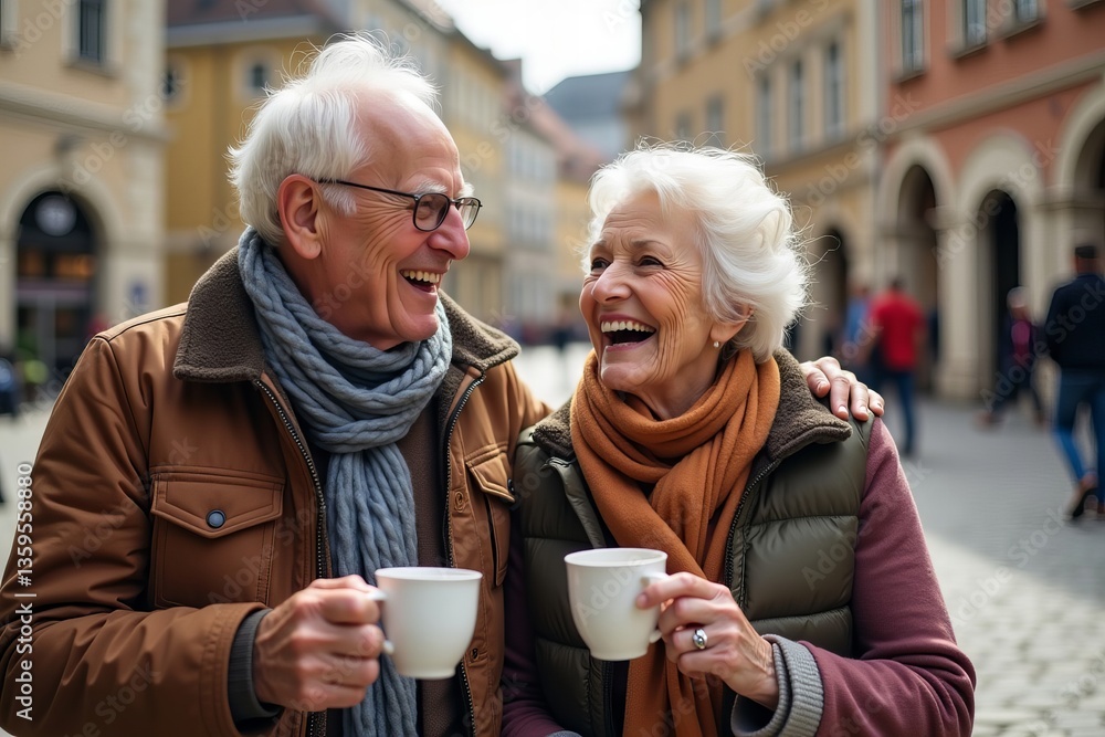 Elderly Couple Enjoying Coffee and Laughter in Quaint Town Square Elderly Couple Enjoying Coffee and Laughter in Quaint Town Square