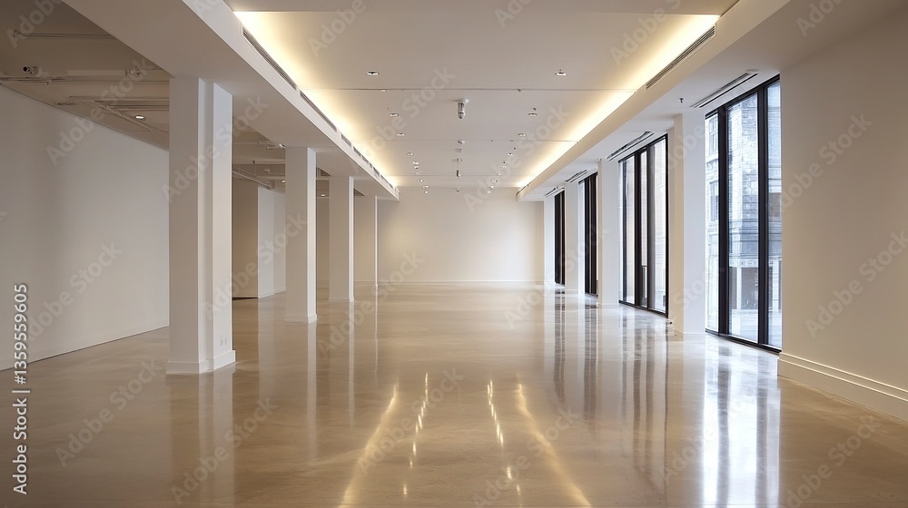 Minimalist empty space with sharp lines, clean white walls, and polished floors, illuminated by overhead recessed lighting for a modern look. Minimalist empty space with sharp lines, clean white walls, and polished floors, illuminated by overhead recessed lighting for a modern look.