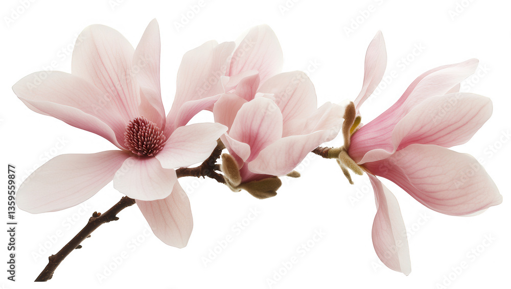 Naklejka premium arrangement of pink magnolia flowers on a slender branch showcasing their soft petals and intricate details against a clean background ideal for nature-themed designs or floral aesthetics