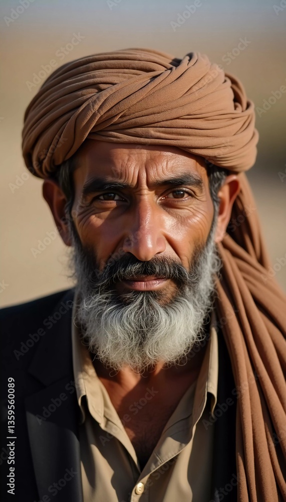 A Yemeni man stands proudly in the desert, wrapped in a traditional scarf. His weathered face tells stories of endurance and cultural heritage under the bright sun on a peaceful day Generative AI A Yemeni man stands proudly in the desert, wrapped in a traditional scarf. His weathered face tells stories of endurance and cultural heritage under the bright sun on a peaceful day Generative AI