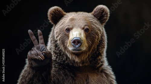 Portrait of a funny brown bear showing a peace gesture
