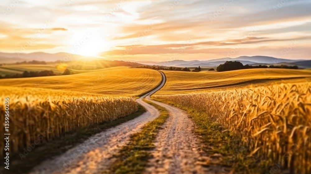 Fototapeta premium Golden Wheat Field Sunset Rural Road Countryside Landscape