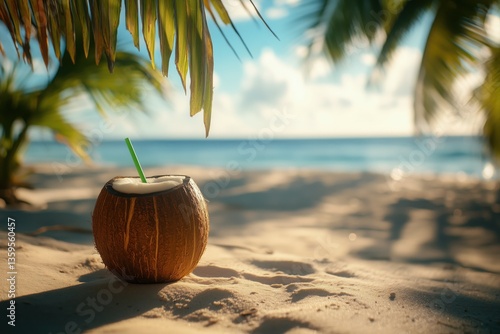 Coconut with a straw on the beach, a beautiful background of the Caribbean Sea and palm trees.