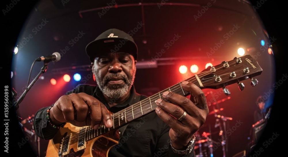 Obraz premium Bluesman's soulful performance at a dimly lit concert venue. The close-up shot emphasizes the musician's skillful playing and the emotional intensity of the music.