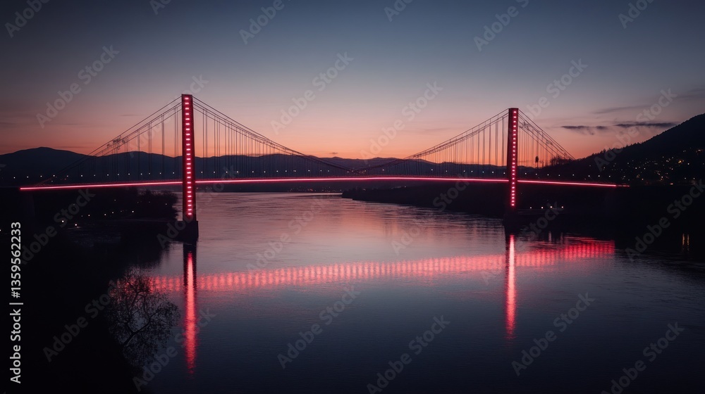 Fototapeta premium Illuminated suspension bridge at sunset reflecting in calm water.