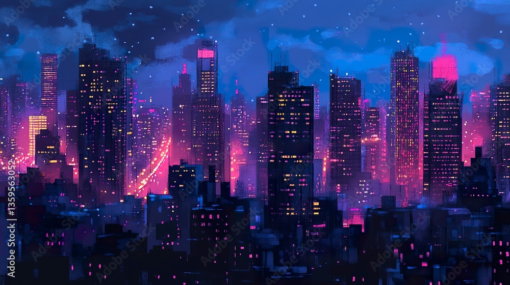 Obraz premium Modern city downtown at night, skyscrapers with brightly lit windows, streetlights casting warm glows on busy roads, panoramic view capturing urban vibrancy. 