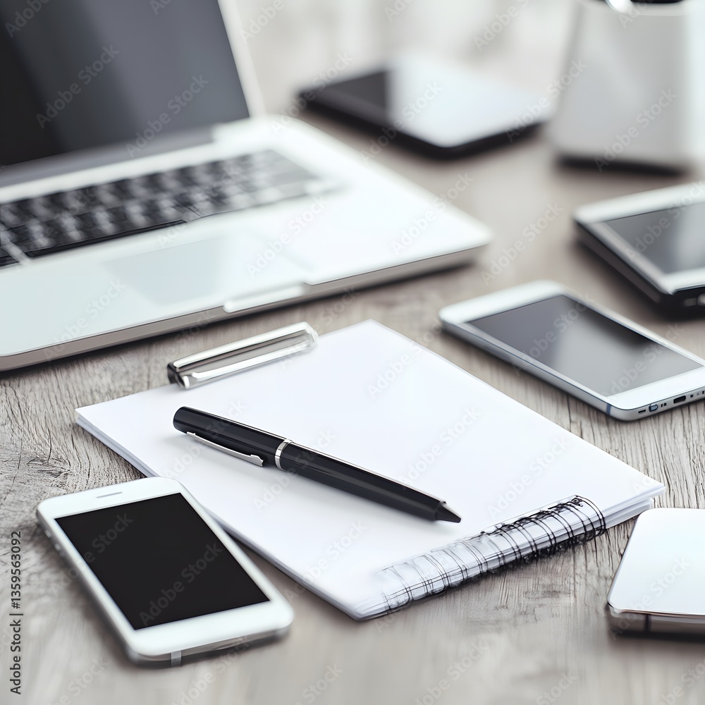 Modern Workplace, Laptop, Smartphone, Notepad, and Pen Modern Workplace, Laptop, Smartphone, Notepad, and Pen