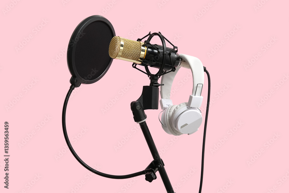 Stand with professional microphone and headphones on pink background Stand with professional microphone and headphones on pink background