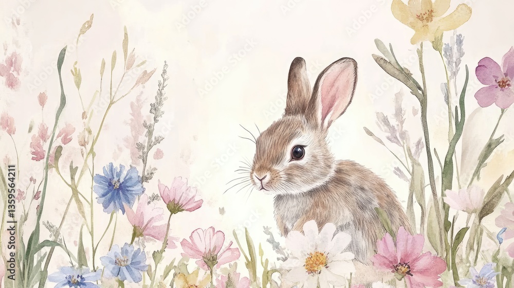 Obraz premium Adorable Bunny Amidst a Spring Meadow Watercolor Painting