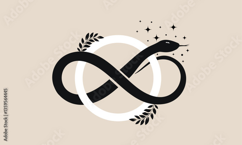 Infinity snake, mystical serpent curled up in shape of infinity sign, celestial eight knot symbol. Pagan wiccan design. Magic circle illustration for spiritual practices of ethnic and rites, isolated