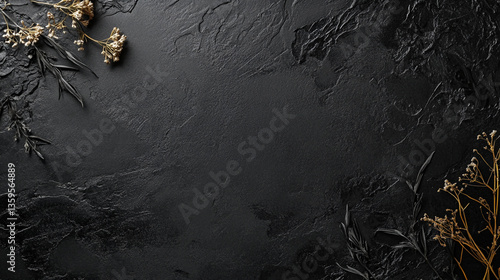 Fototapeta Naklejka Na Ścianę i Meble -  Dark textured background with dried flowers and leaves in the corners of the image frame