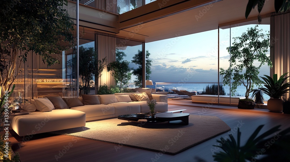 Fototapeta premium Modern interior with a comfortable sofa, sleek furniture, and an array of potted plants decorating the space, creating a fresh and inviting living room design 