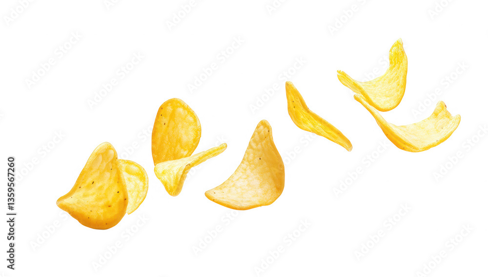 several golden crispy potato chips floating against a white background emphasizing their texture and shape the composition suggests a playful and appetizing appeal ideal for snack promotion several golden crispy potato chips floating against a white background emphasizing their texture and shape the composition suggests a playful and appetizing appeal ideal for snack promotion