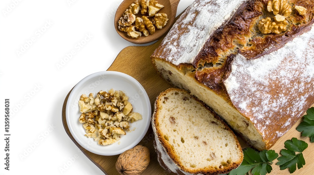 Hearty loaf of fig and walnut bread surrounded by an assortment of nuts on a rustic wooden surface for baking Hearty loaf of fig and walnut bread surrounded by an assortment of nuts on a rustic wooden surface for baking