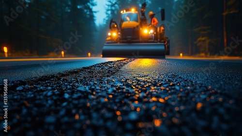 Heavy machinery is actively compacting asphalt on a highway at night, surrounded by a dense forest with soft mist enveloping the area, creating an atmospheric setting for roadwork
