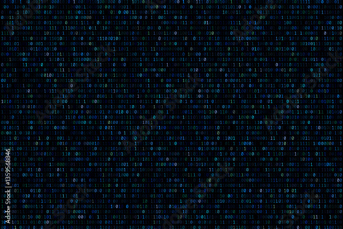 Digital binary code background features a seamless pattern of colors 1s and 0s, evoking a high-tech matrix atmosphere