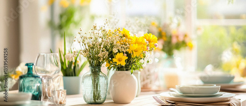 Wallpaper Mural A table with a vase of yellow flowers and a blue vase of green flowers Torontodigital.ca