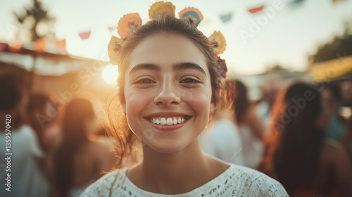 Joyful young woman smiling brightly during a vibrant outdoor festival at sunset with colorful decorations above Generative AI
