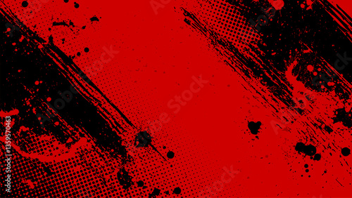 Red grunge background with grime and halftone spots.