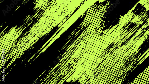 Green grunge background with black brush strokes and halftone dots.