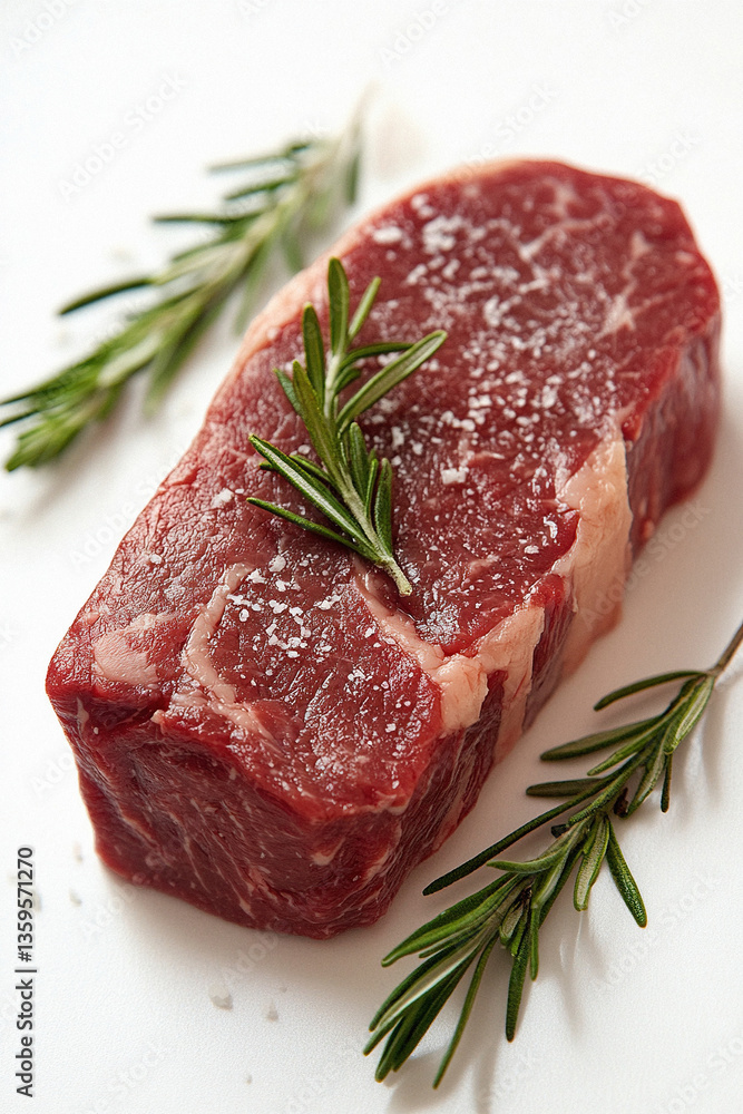 A piece of meat with a few sprigs of rosemary on top A piece of meat with a few sprigs of rosemary on top