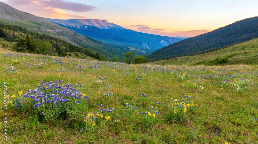 Fototapeta premium Serene Sunset Mountain Meadow Wildflowers Peaks Panorama