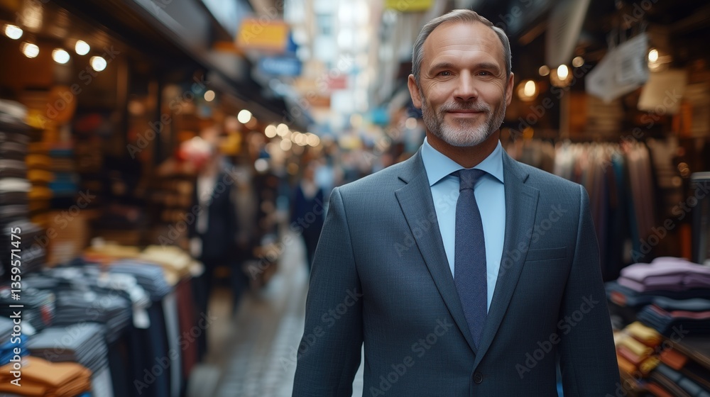 Fototapeta premium professionally dressed man stands in a crowded marketplace with colorful clothing stalls and shoppers in the background, embodying a confident presence amid the activity of the day