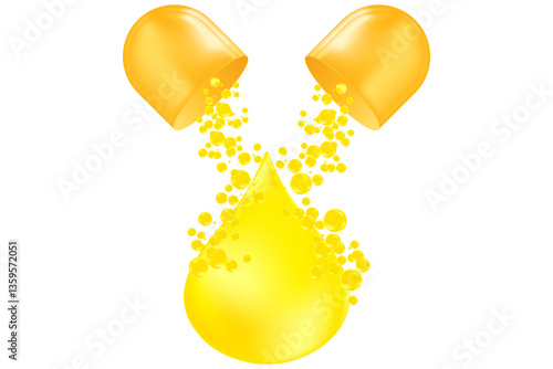 Glowing gold, yellow oil or water drop with shiny bubbles flowing from open 3D capsule. Beauty serum or vitamin icon isolated, transparent background. Omega 3 fish oil, vitamin E, D3 close up