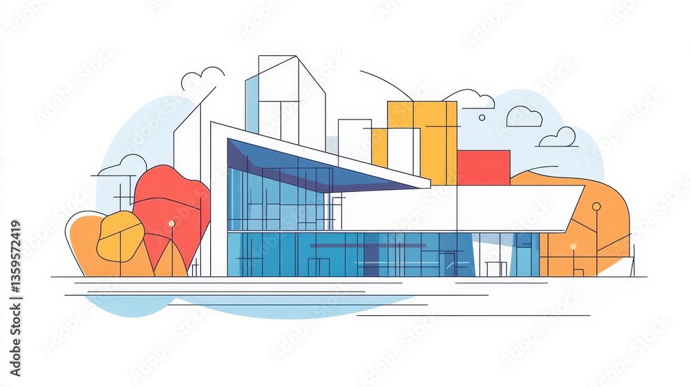 Fototapeta premium A modern building design illustration with colorful architectural elements presented
