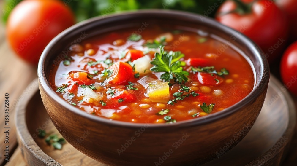 Hearty lentil soup brimming with vegetables in a rustic bowl Hearty lentil soup brimming with vegetables in a rustic bowl
