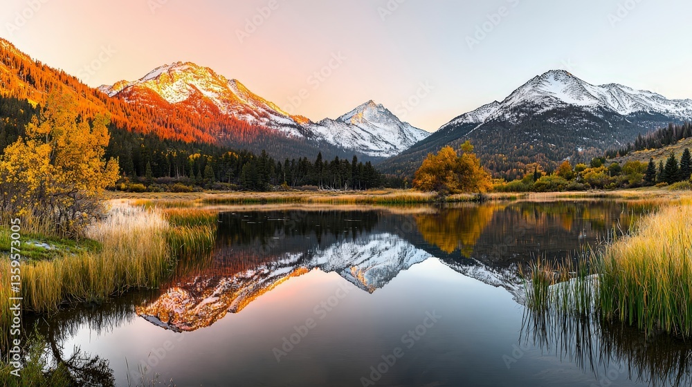 Serene Alpine Lake Sunset Mountain Reflection Autumn Colors Serene Alpine Lake Sunset Mountain Reflection Autumn Colors