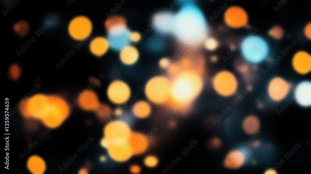 Obraz premium Grain noise texture Bokeh Soft, blurry lights in warm orange and cool blue on a black backdrop