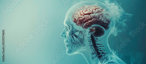 Cabeza humana transparente con un cerebro echando humo