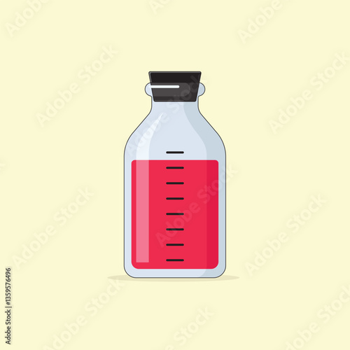 Glass bottle flask with stopper and red liquid inside. Laboratory equipment vector illustration.