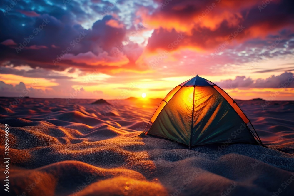 Tropical Sunset Beach Camping Tent Macro Photography - Sandy Shore, Idyllic Vacation, Coastal Adventure