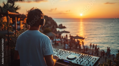 Fototapeta Naklejka Na Ścianę i Meble -  DJ at sunset beach party