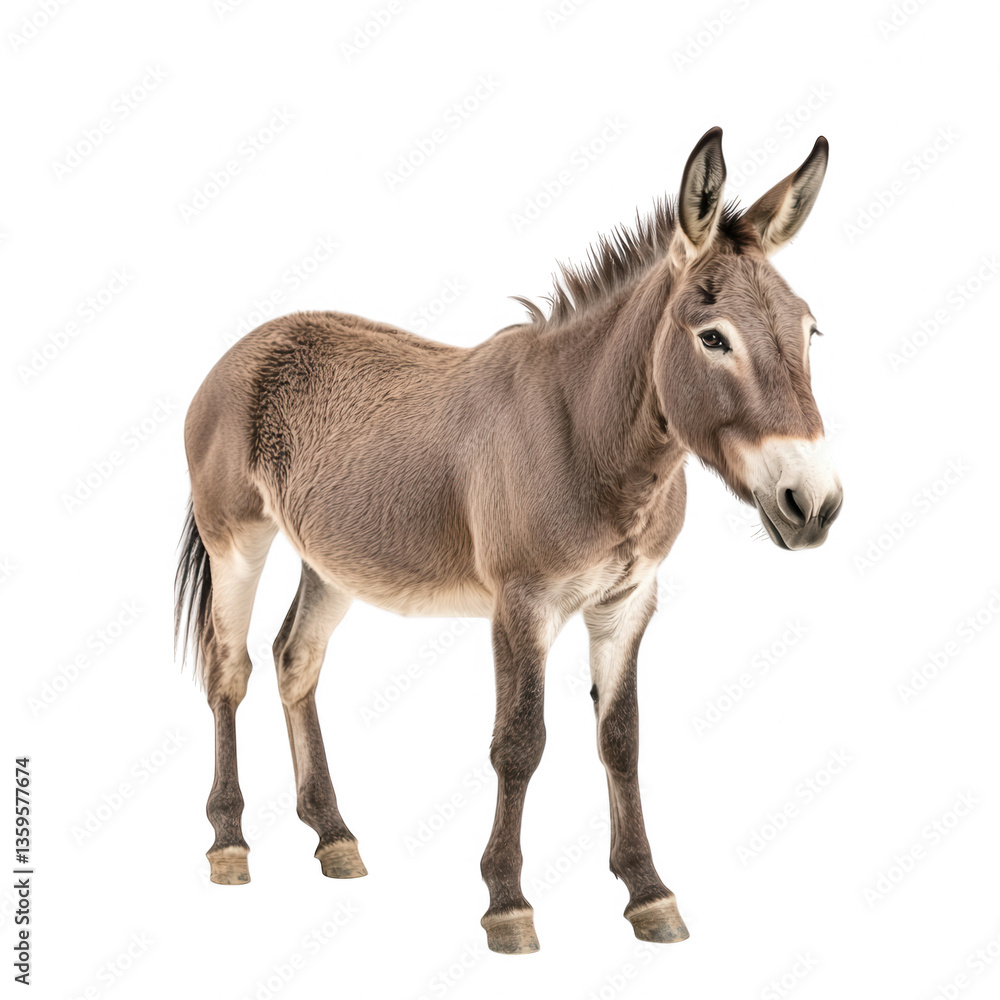 Fototapeta premium a standing donkey with a sleek coat and a friendly expression set against a white background emphasizing its features for educational or illustrative purposes
