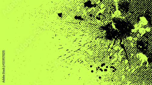 Green grunge background with scattered black stains and halftone dots.