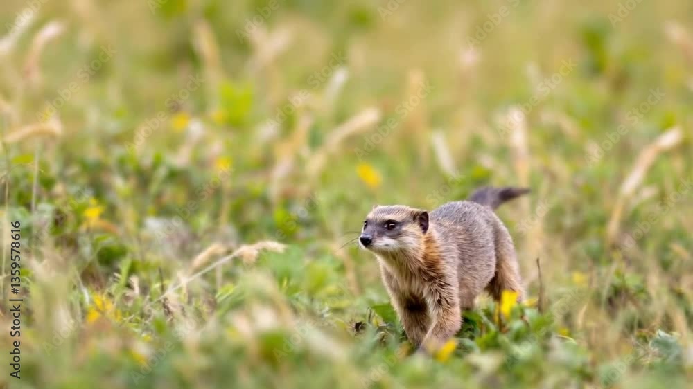 A mongoose darts across the savanna, its quick movements and alert posture making it a skilled forager as it searches for food in the tall grasses A mongoose darts across the savanna, its quick movements and alert posture making it a skilled forager as it searches for food in the tall grasses