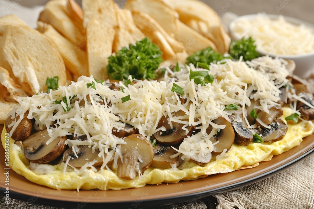 Delicious Mushroom Omelette with Parmesan Cheese and Toasted Bread Delicious Mushroom Omelette with Parmesan Cheese and Toasted Bread