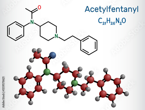 Acetylfentanyl molecule. Synthetic opioid analgesic from the fentanyl family. Structural chemical formula and molecule model. Vector