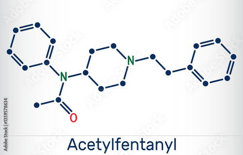 Acetylfentanyl molecule. Synthetic opioid analgesic from the fentanyl family. Skeletal chemical formula. Vector