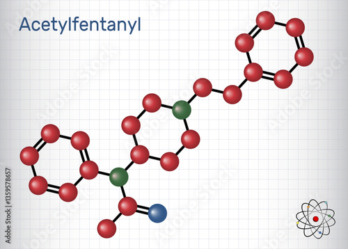 Acetylfentanyl molecule. Synthetic opioid analgesic from the fentanyl family. Molecule model, Sheet of paper in a cage. Vector i