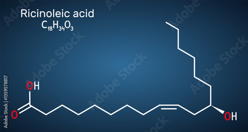 Ricinoleic acid molecule. Monounsaturated fatty acid, found in castor oil. Structural chemical formula, dark blue background