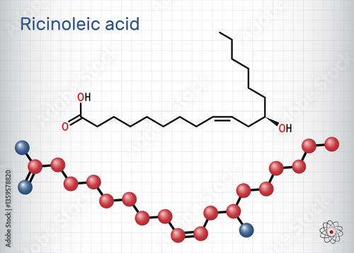 Ricinoleic acid molecule. Monounsaturated fatty acid, found in castor oil. Structural chemical formula, molecule model. Sheet of paper in a cage