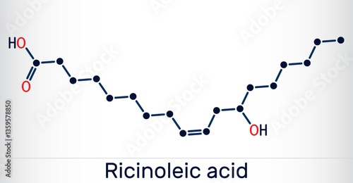 Ricinoleic acid molecule. Monounsaturated fatty acid, found in castor oil. Skeletal chemical formula.