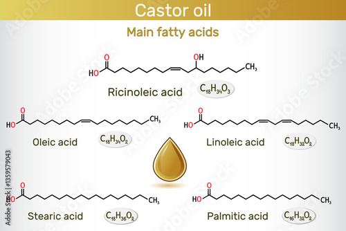Castor oil main fatty acids. Ricinoleic, oleic, linoleic, stearic, palmitic acid molecule. Vector scientific illustration