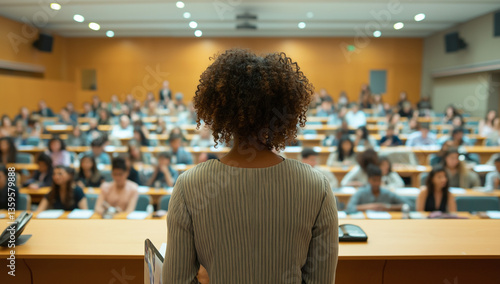 Lecturer Addressing Diverse University Audience Large Classroom Setting