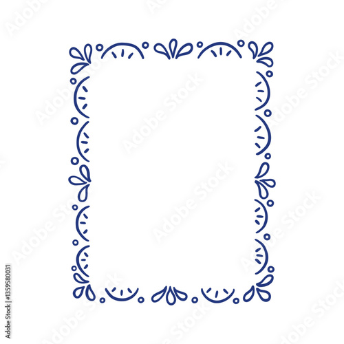 Decorative ornate frame. Hand drawn blue ink summer holiday border wreath. Vintage background for greeting cards, wedding, invitations, social media