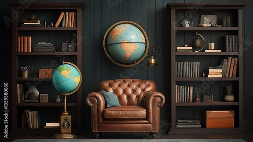 Cozy study. Leather chair with globes & bookshelves create an inviting atmosphere